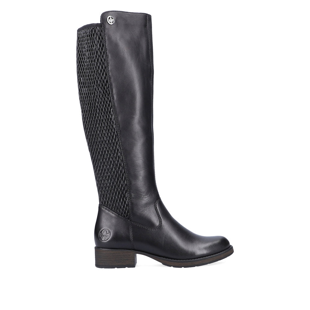Rieker Z9591-00 women's black leather side zip knee high boots, opposite side view.