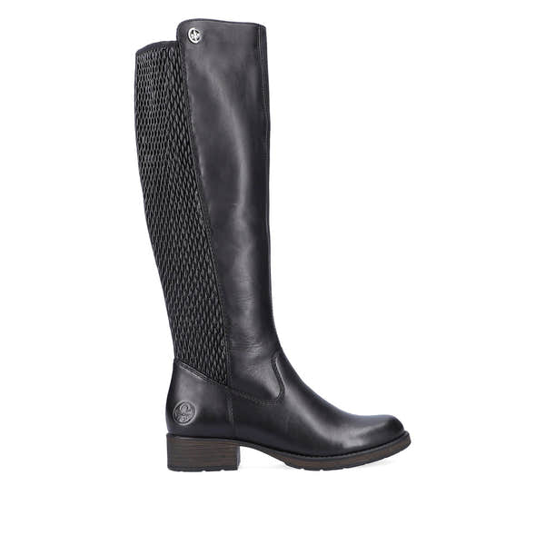 Rieker Z9591-00 women's black leather side zip knee high boots, opposite side view.