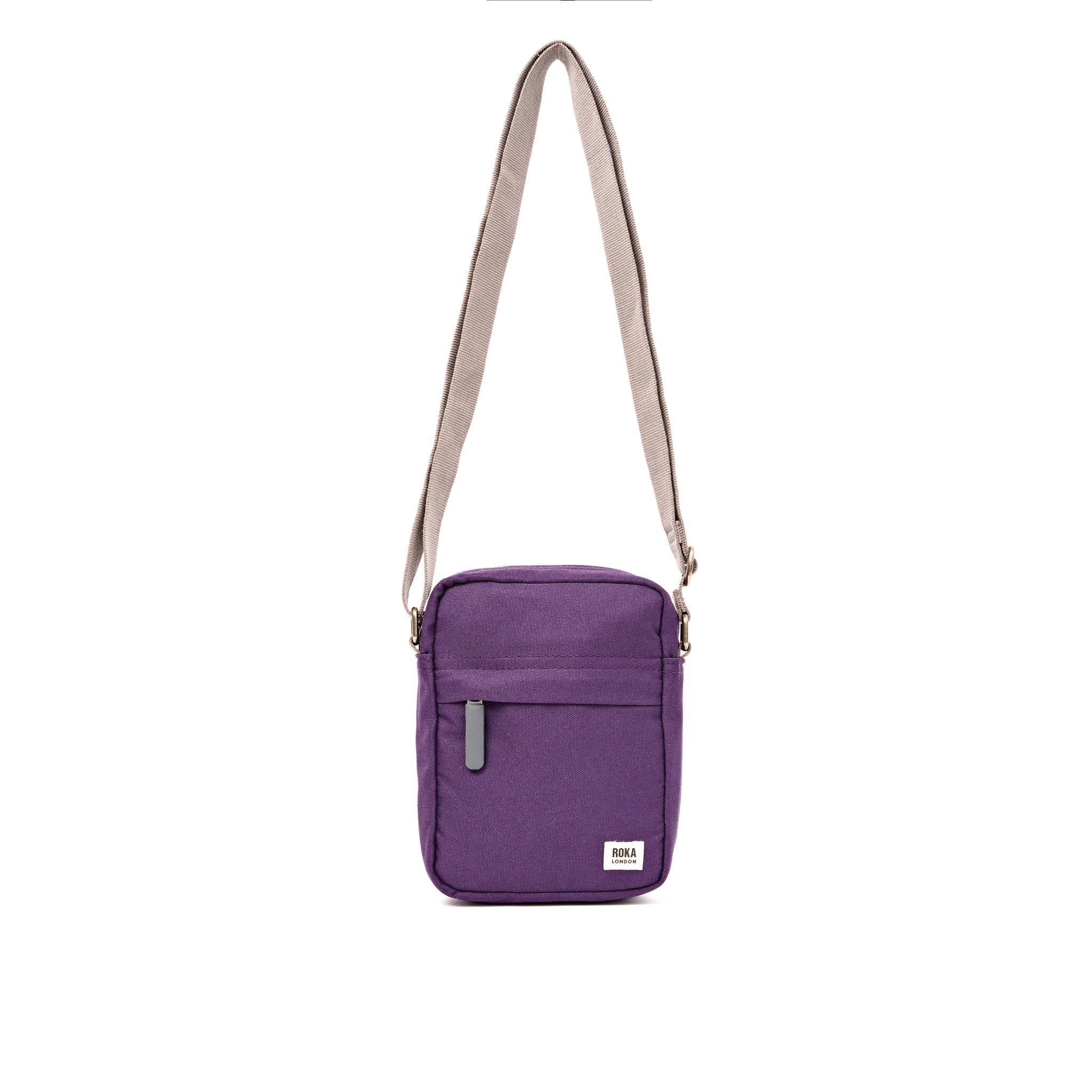 Roka Bond Deep Grape Recycled Canvas Crossbody Bag, front view.