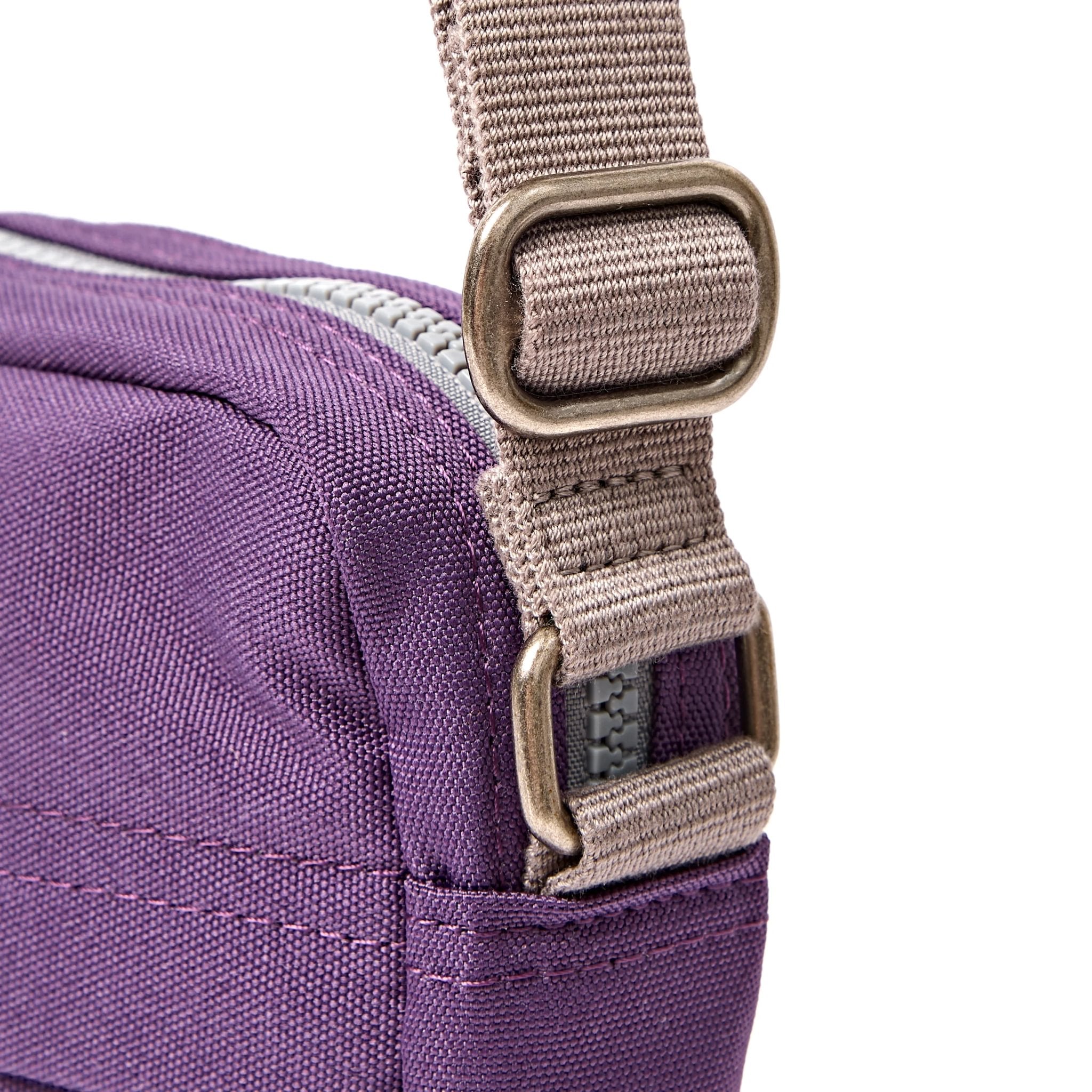 Roka Bond Deep Grape Recycled Canvas Crossbody Bag, hardware detail.