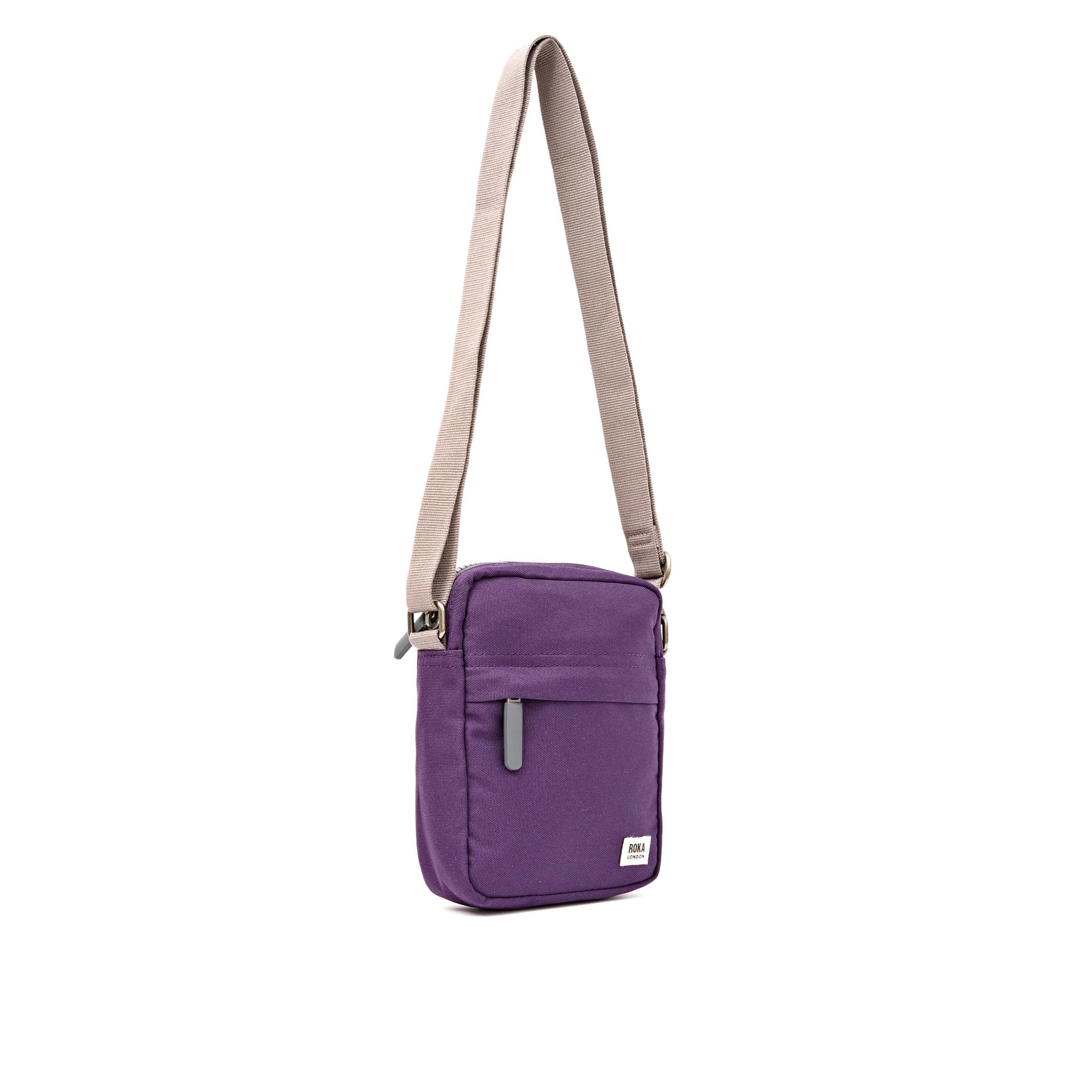 Roka Bond Deep Grape Recycled Canvas Crossbody Bag, side view.
