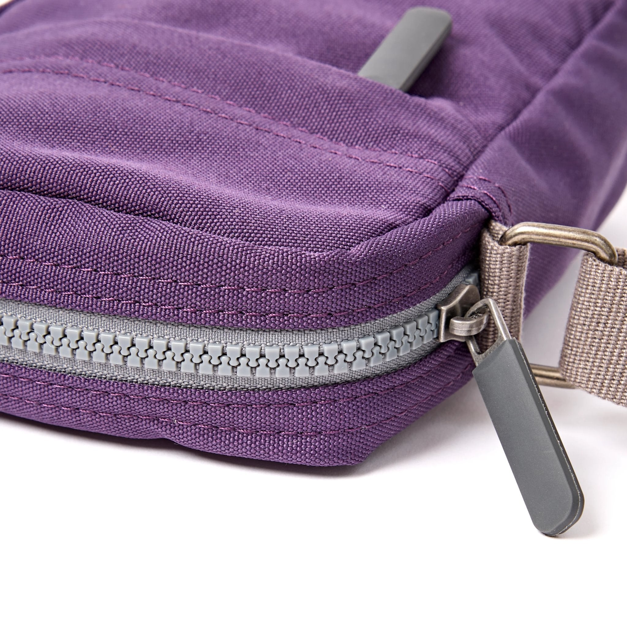 Roka Bond Deep Grape Recycled Canvas Crossbody Bag, zip detail.
