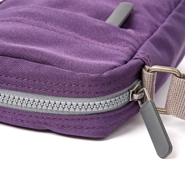 Roka Bond Deep Grape Recycled Canvas Crossbody Bag, zip detail.
