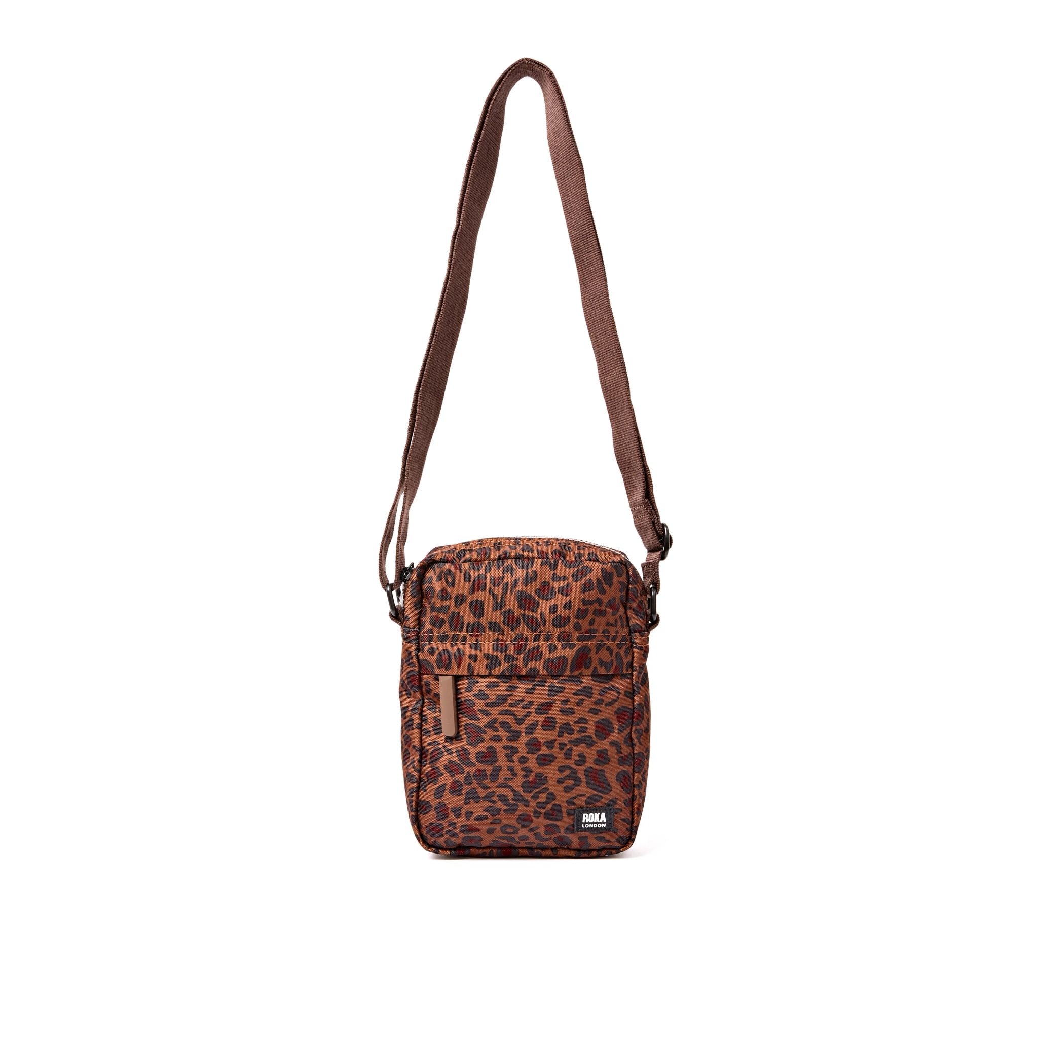 Roka Bond Mini Leopard Recycled Canvas Crossbody Bag, front view.