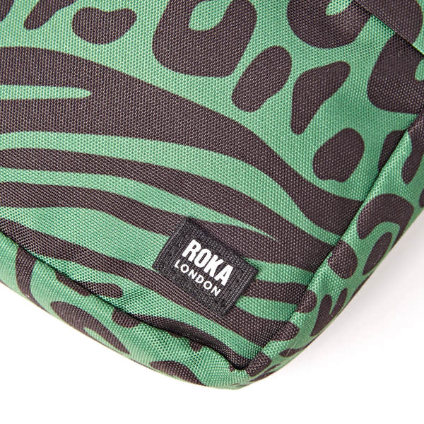 Roka Bond Mixed Animal Artichoke Recycled Canvas Crossbody Bag, brand label detail.