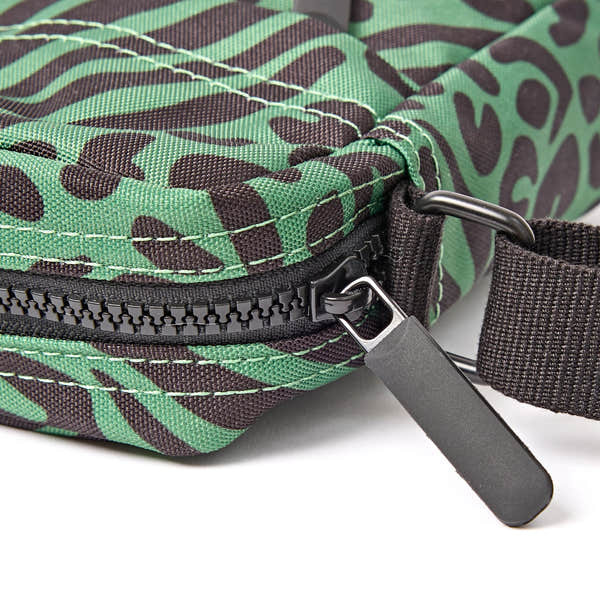 Roka Bond Mixed Animal Artichoke Recycled Canvas Crossbody Bag, zip detail.