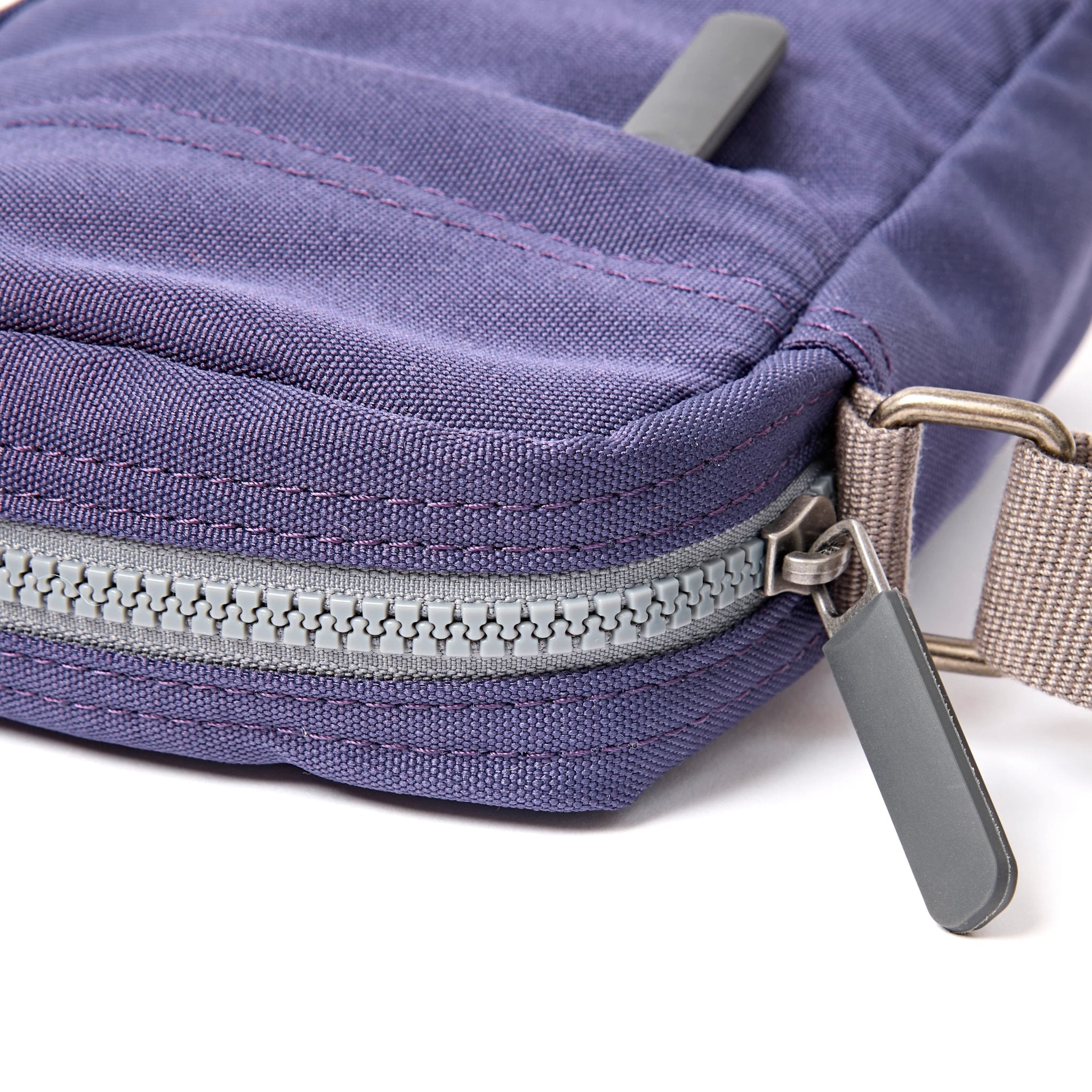 Roka Bond Oceana Recycled Canvas Crossbody Bag, zip detail.