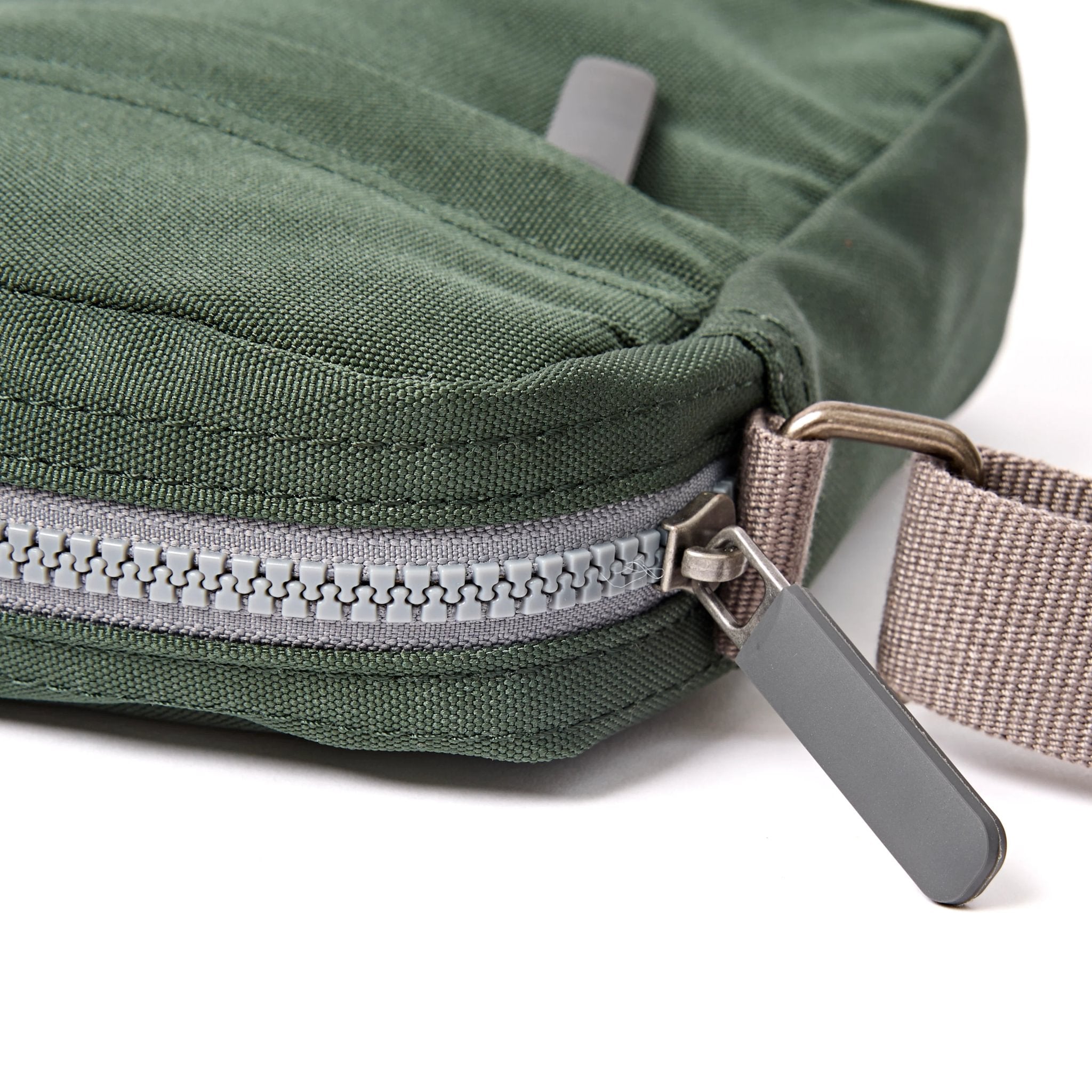 Roka Bond Thunderstorm Recycled Canvas Crossbody Bag, zip detail.