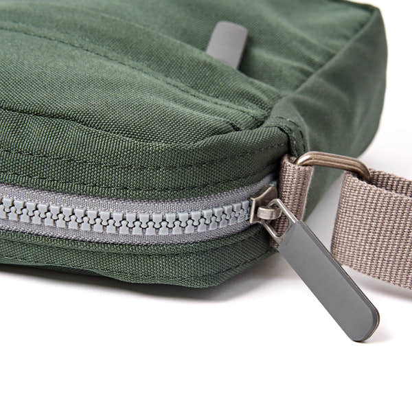 Roka Bond Thunderstorm Recycled Canvas Crossbody Bag, zip detail.