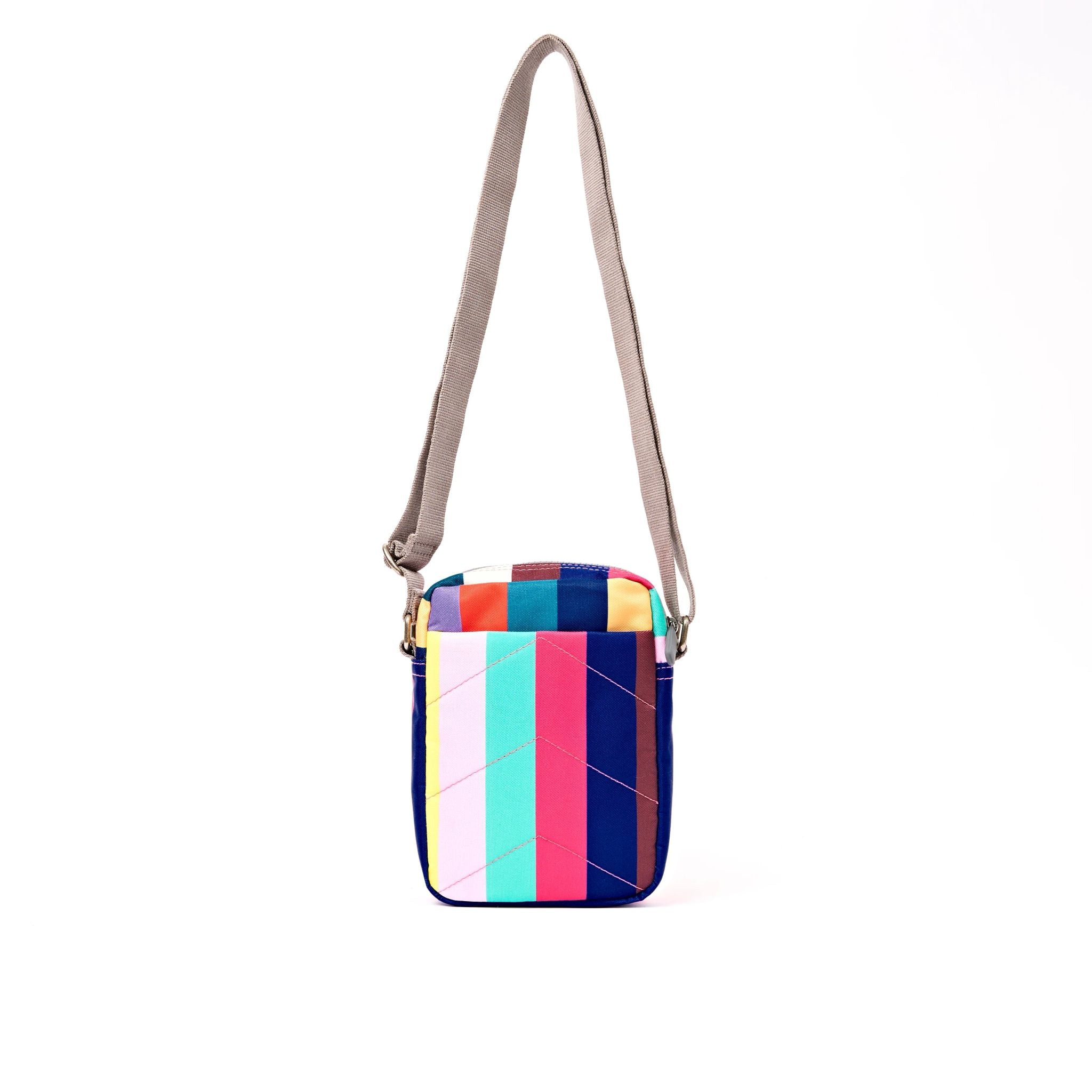 Roka Bond Wide Multi Stripe Recycled Canvas Crossbody Bag, back view.