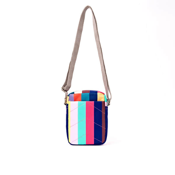 Roka Bond Wide Multi Stripe Recycled Canvas Crossbody Bag, back view.