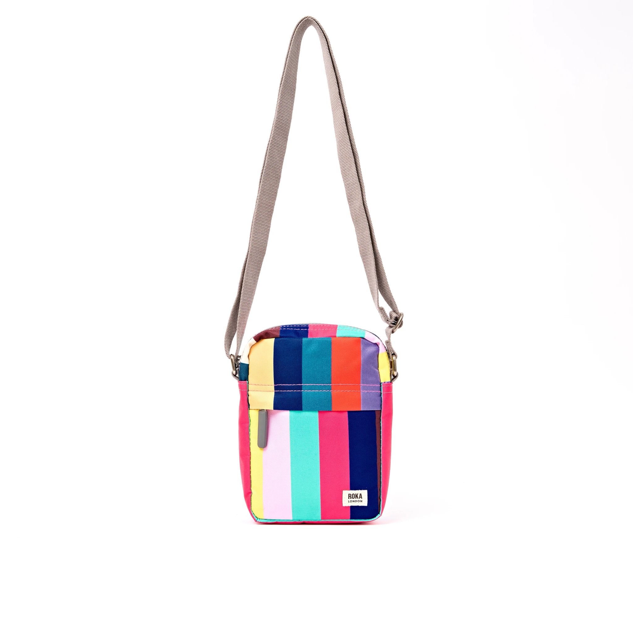 Roka Bond Wide Multi Stripe Recycled Canvas Crossbody Bag, front view.