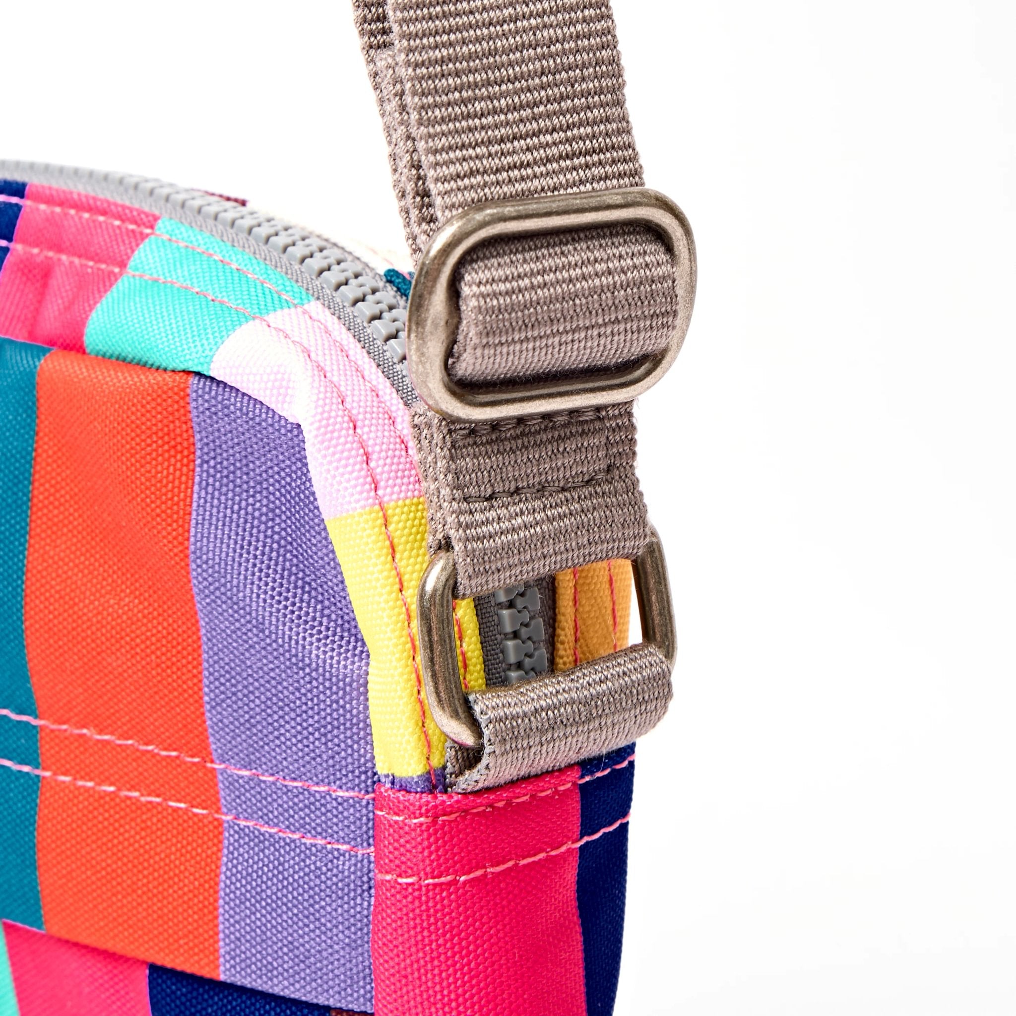 Roka Bond Wide Multi Stripe Recycled Canvas Crossbody Bag, hardware detail.