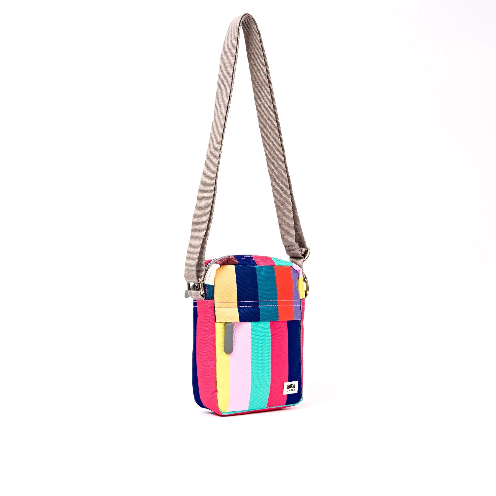 Roka Bond Wide Multi Stripe Recycled Canvas Crossbody Bag, side view.