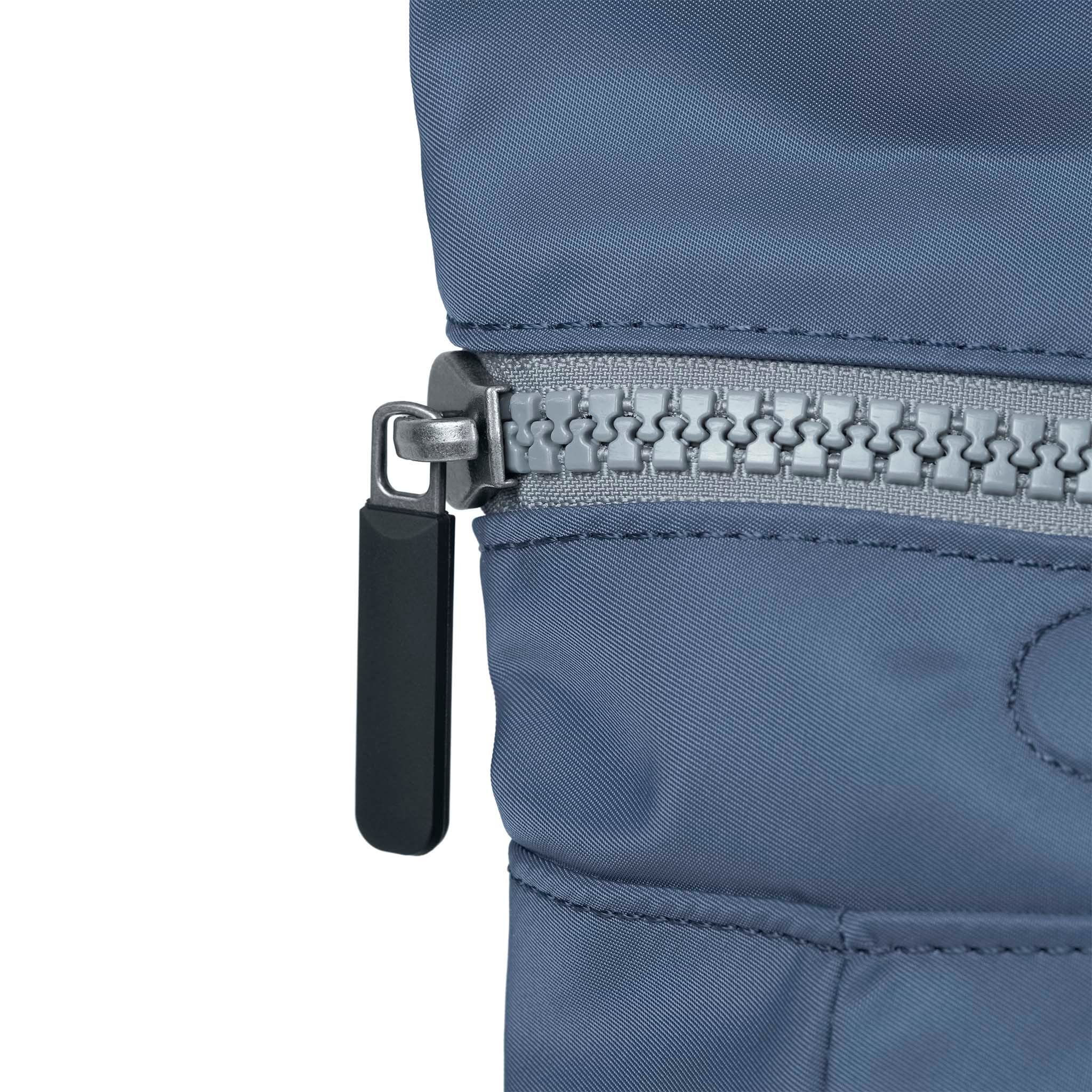 Roka Canfield B Recycled Nylon Burnt Blue, zip detail.