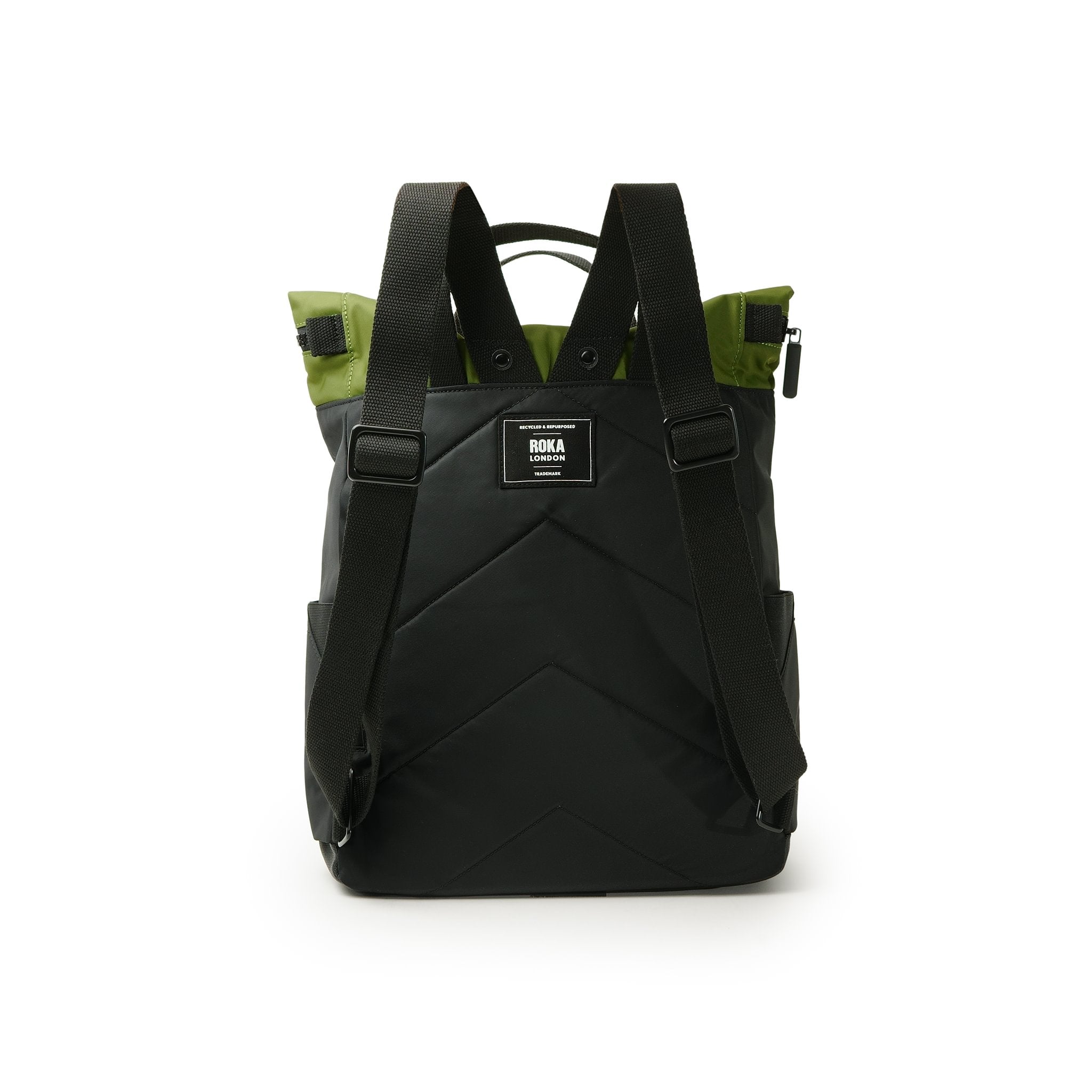 Roka Canfield Medium Avocado Recycled Nylon Backpack, back view.