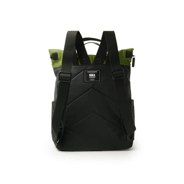 Roka Canfield Medium Avocado Recycled Nylon Backpack, back view.