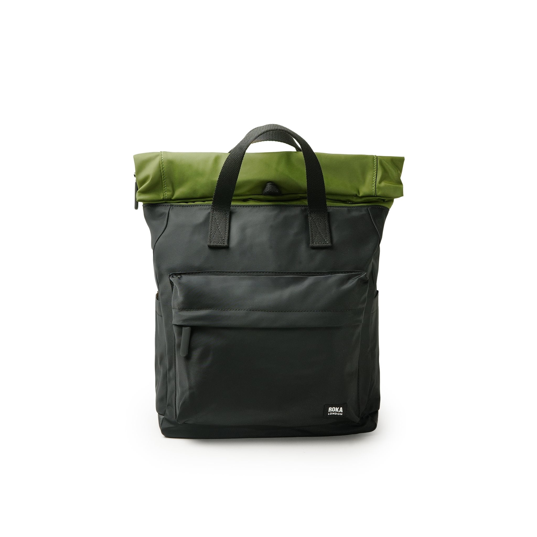 Roka Canfield Medium Avocado Recycled Nylon Backpack, front view.