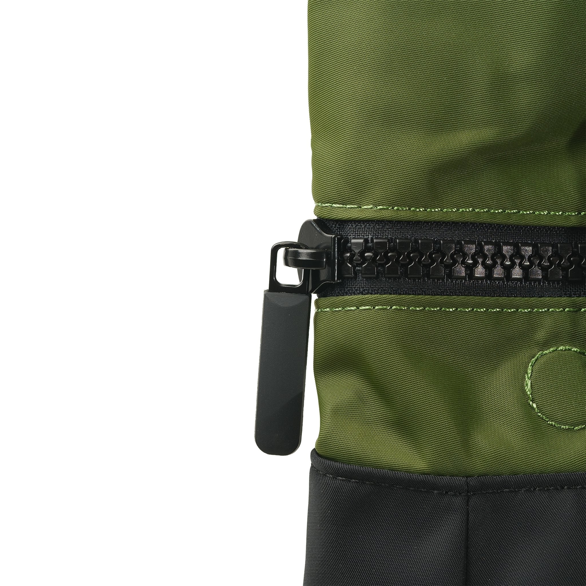 Roka Canfield Medium Avocado Recycled Nylon Backpack, zip detail.