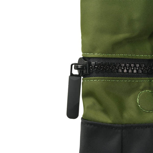 Roka Canfield Medium Avocado Recycled Nylon Backpack, zip detail.