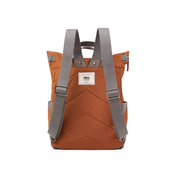 Roka Canfield Medium Bran Recycled Nylon Backpack, back view.