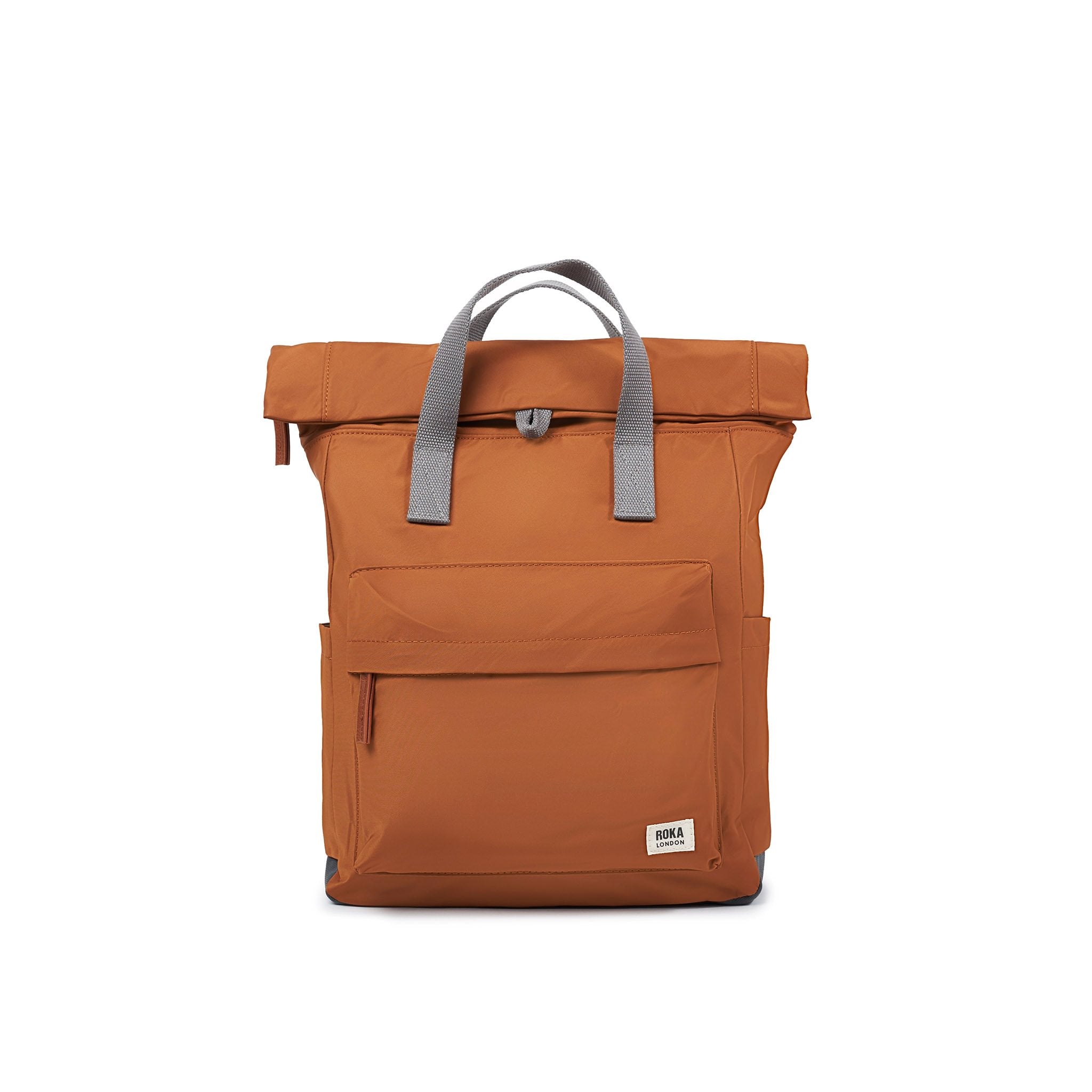 Roka Canfield Medium Bran Recycled Nylon Backpack, front view.
