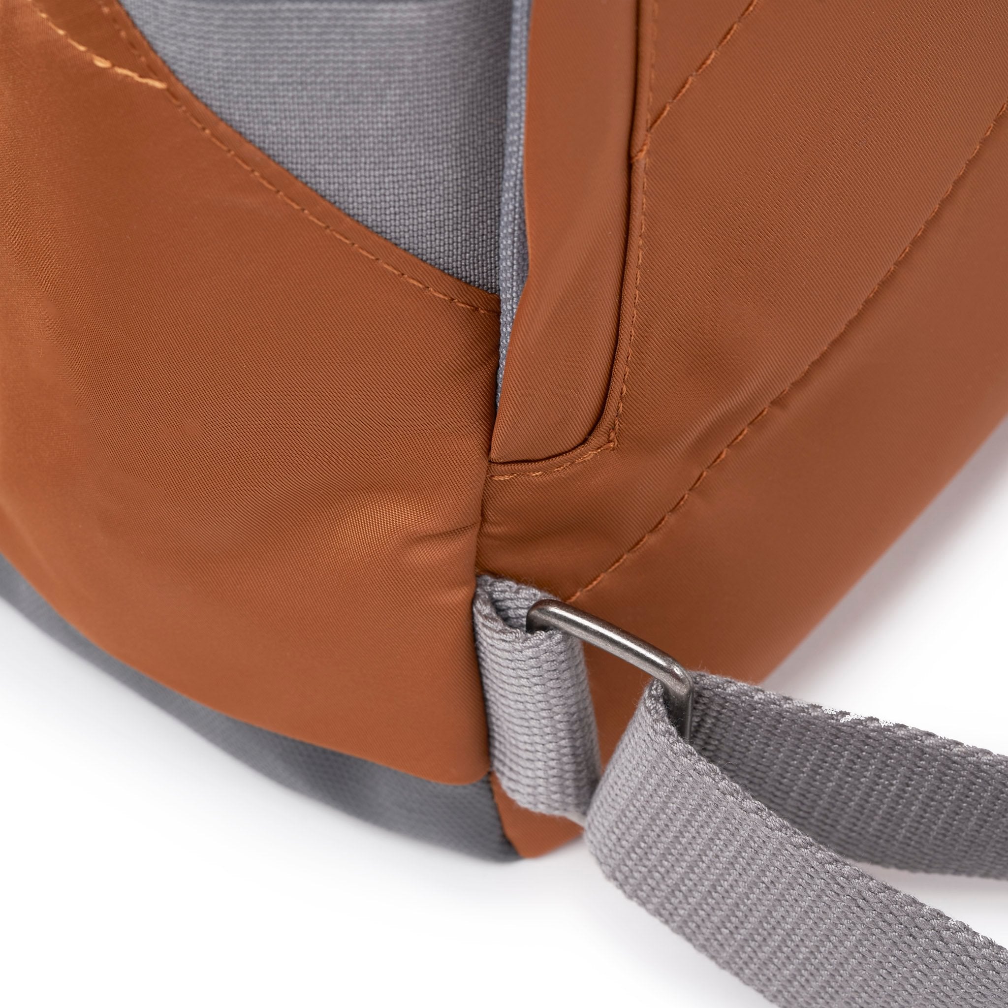 Roka Canfield Medium Bran Recycled Nylon Backpack, hardware detail.