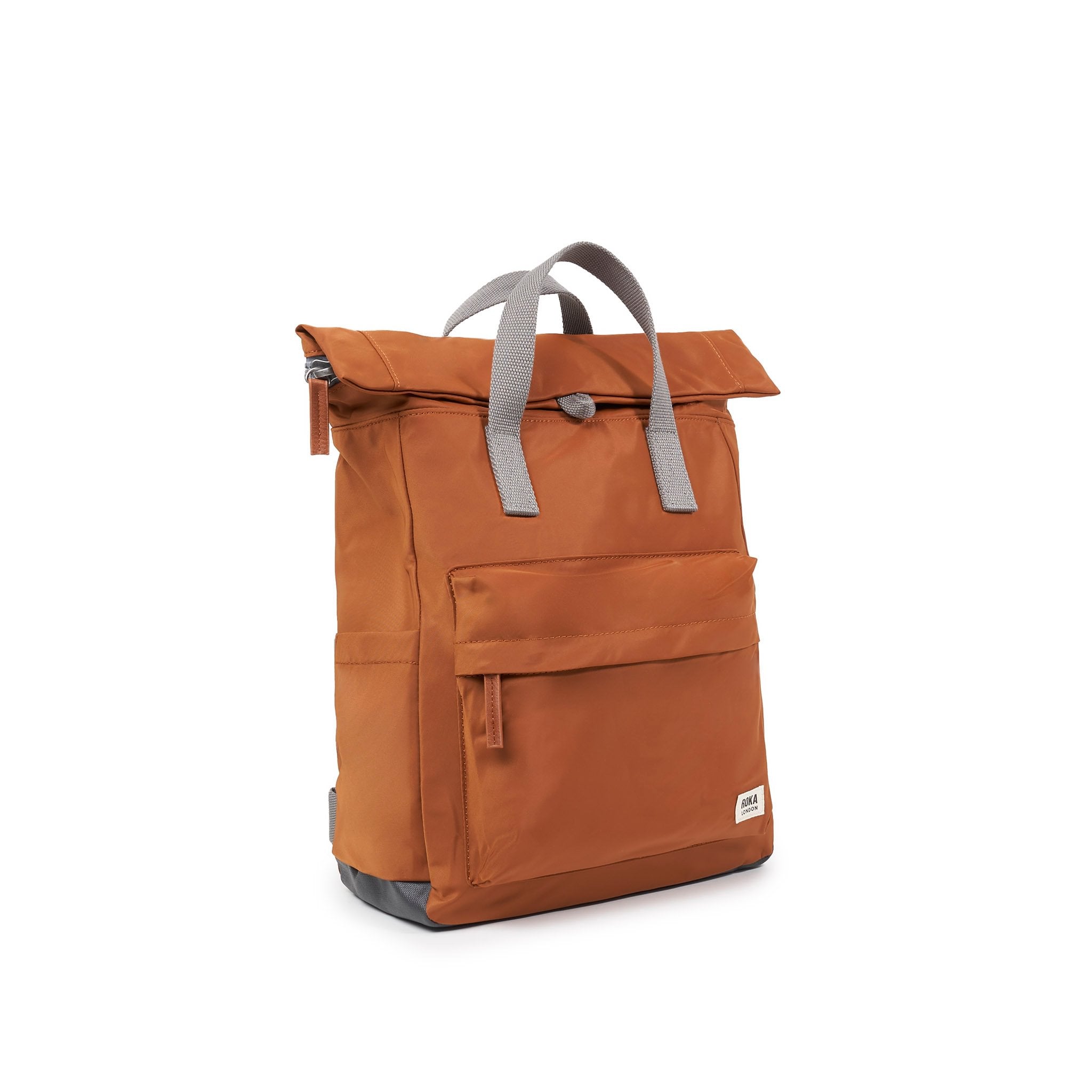 Roka Canfield Medium Bran Recycled Nylon Backpack, side view.