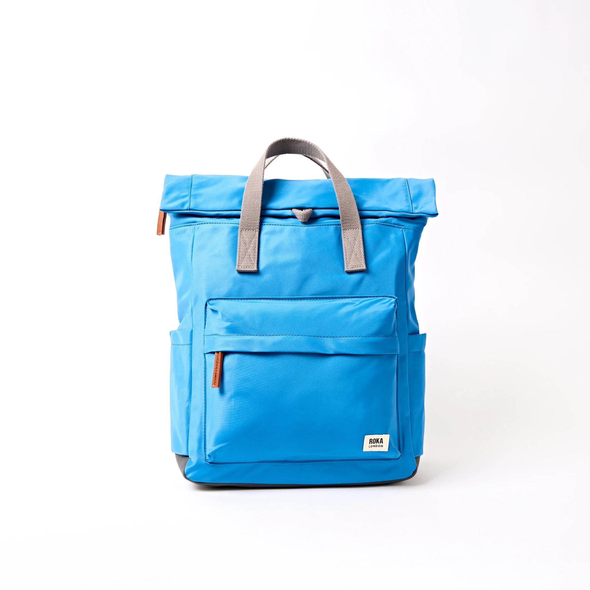 Roka Canfield Medium Malibu Blue Recycled Nylon Backpack, front view.