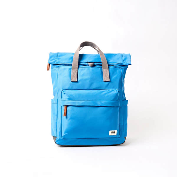 Roka Canfield Medium Malibu Blue Recycled Nylon Backpack, front view.