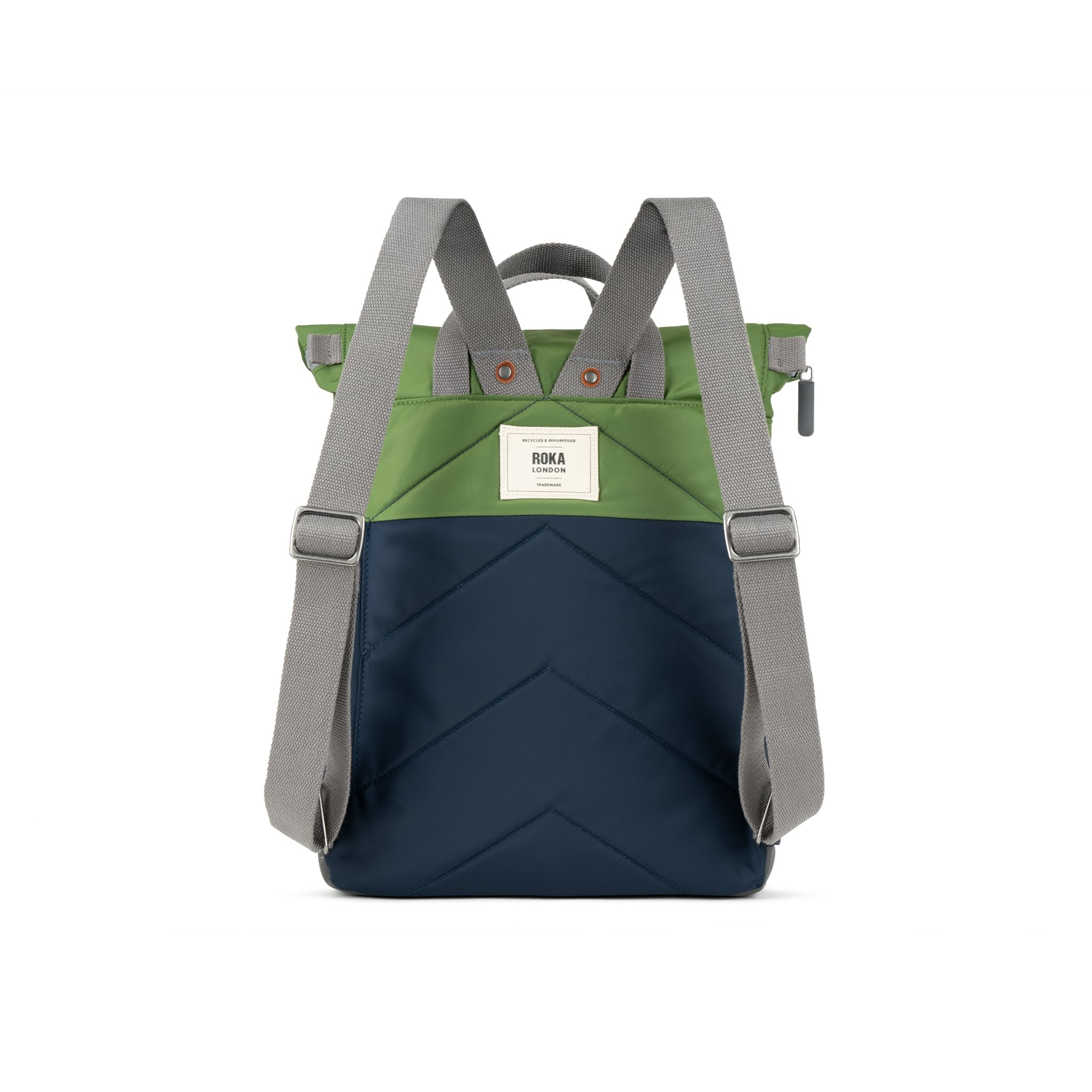 Roka Canfield Medium Midnight Recycled Nylon Backpack, back view.
