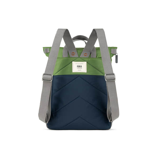 Roka Canfield Medium Midnight Recycled Nylon Backpack, back view.
