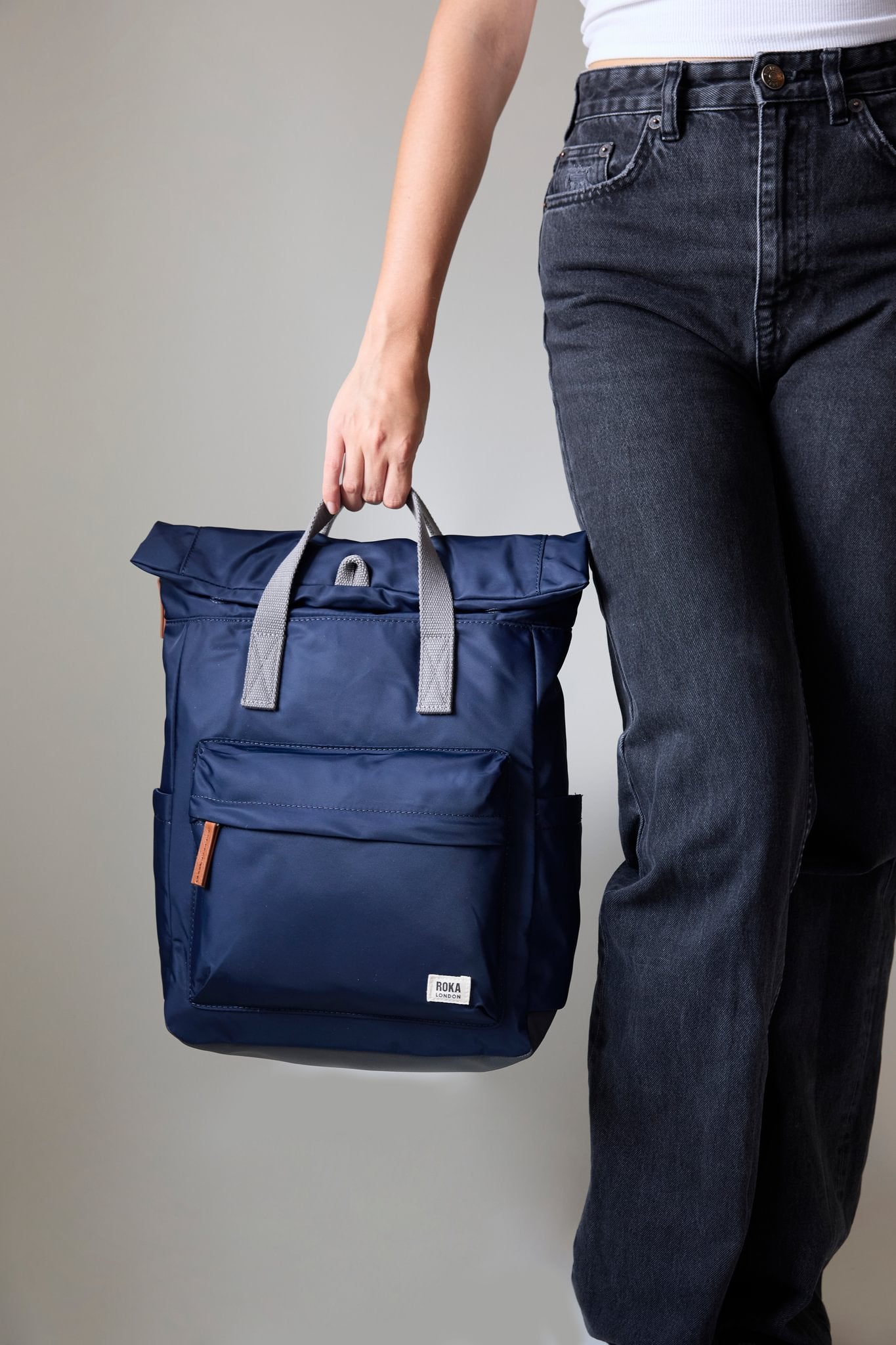 Roka Canfield Medium Midnight Recycled Nylon Backpack, midnight view.