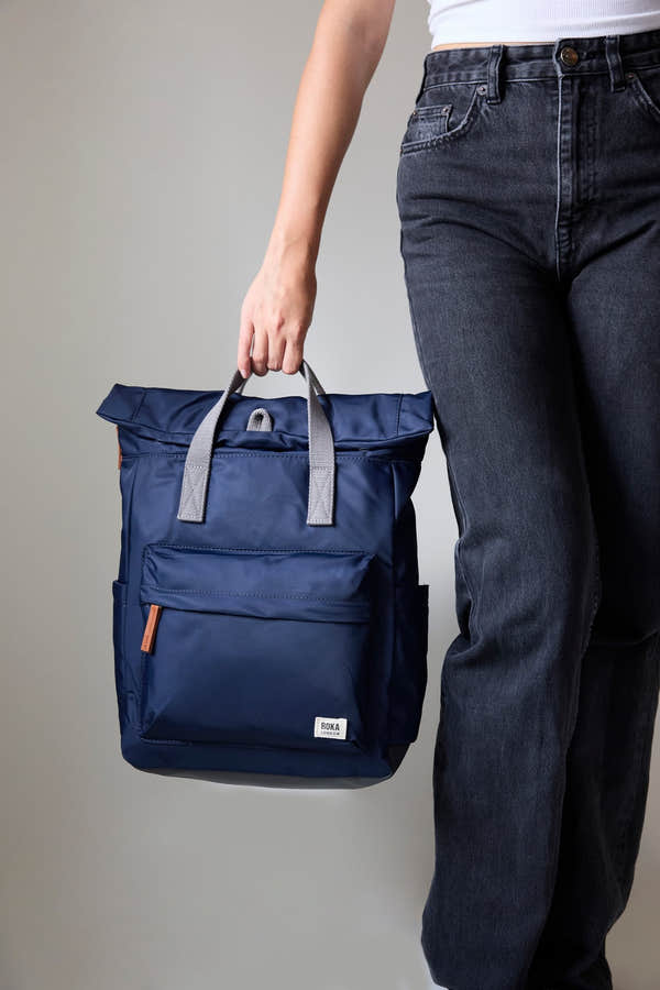 Roka Canfield Medium Midnight Recycled Nylon Backpack, midnight view.