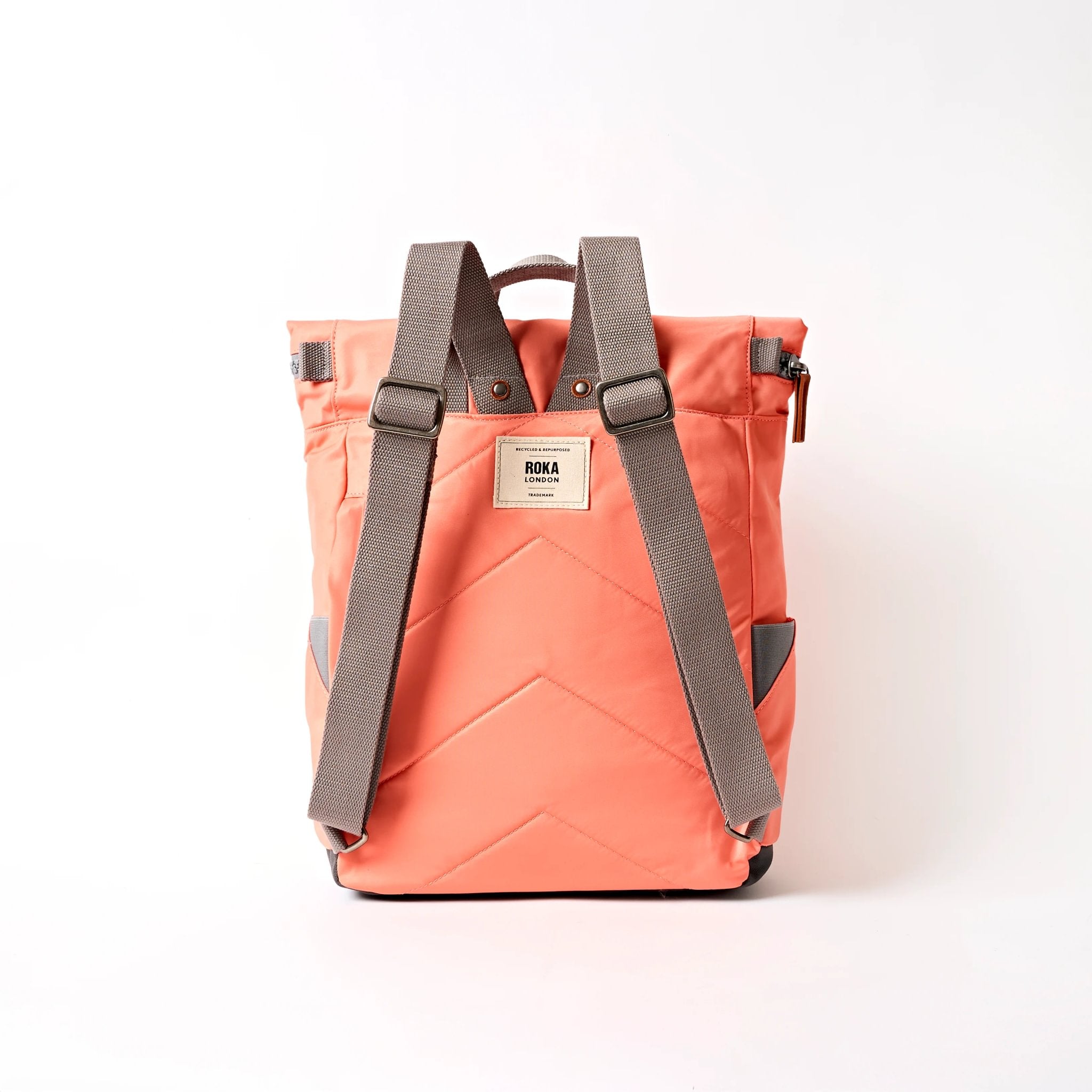 Roka Canfield Medium Sugar Coral Recycled Nylon Backpack, back view.