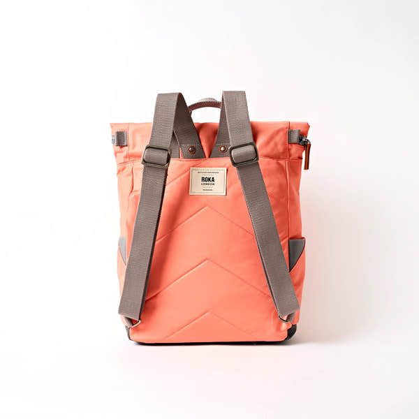 Roka Canfield Medium Sugar Coral Recycled Nylon Backpack, back view.