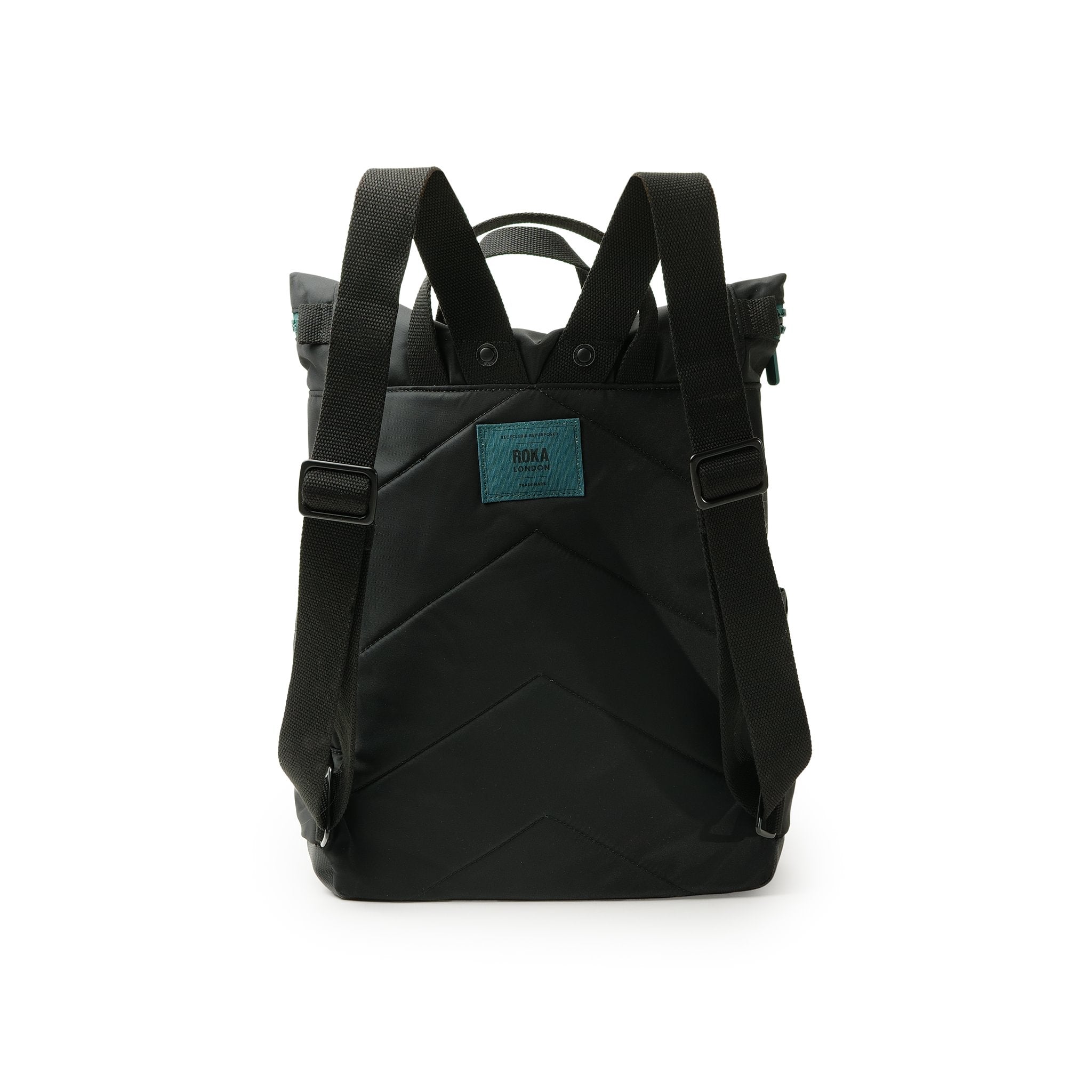 Roka Canfield Medium Teal Recycled Nylon Backpack, back view.