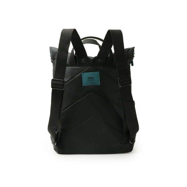 Roka Canfield Medium Teal Recycled Nylon Backpack, back view.