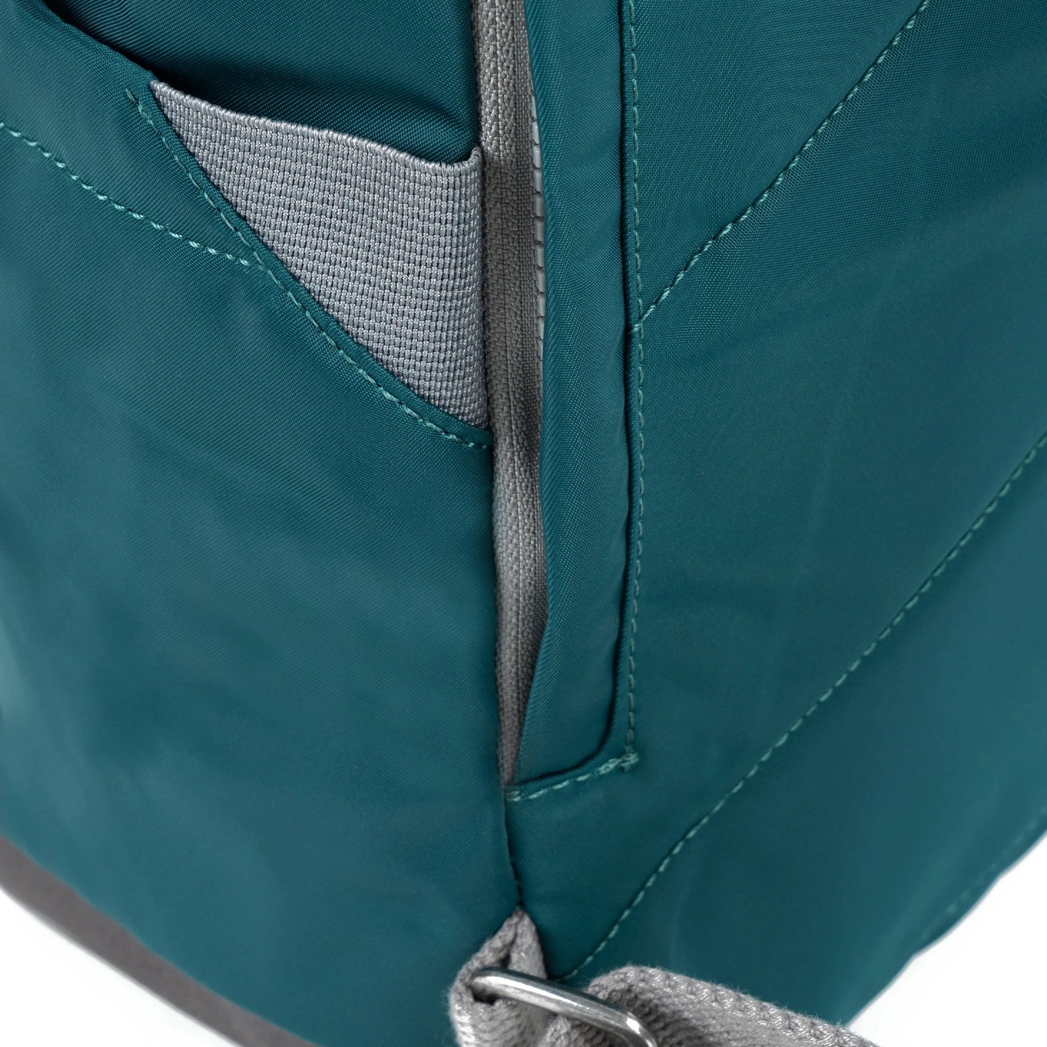 Roka Canfield Medium Teal Recycled Nylon Backpack, hardware detail.