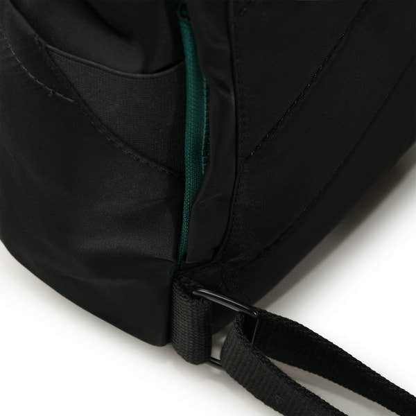 Roka Canfield Medium Teal Recycled Nylon Backpack, strap detail.