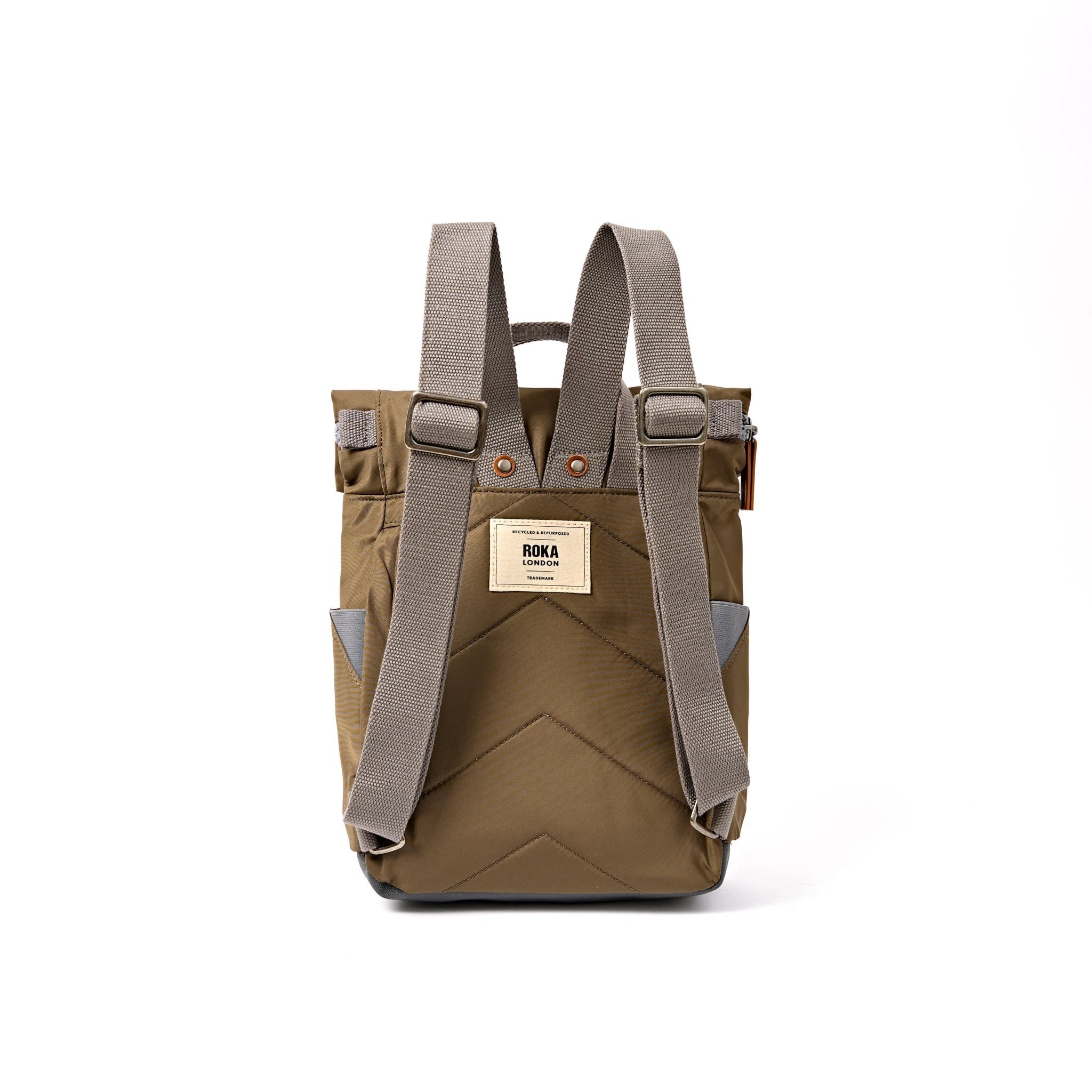 Roka Canfield Small Army Recycled Nylon Backpack, back view.