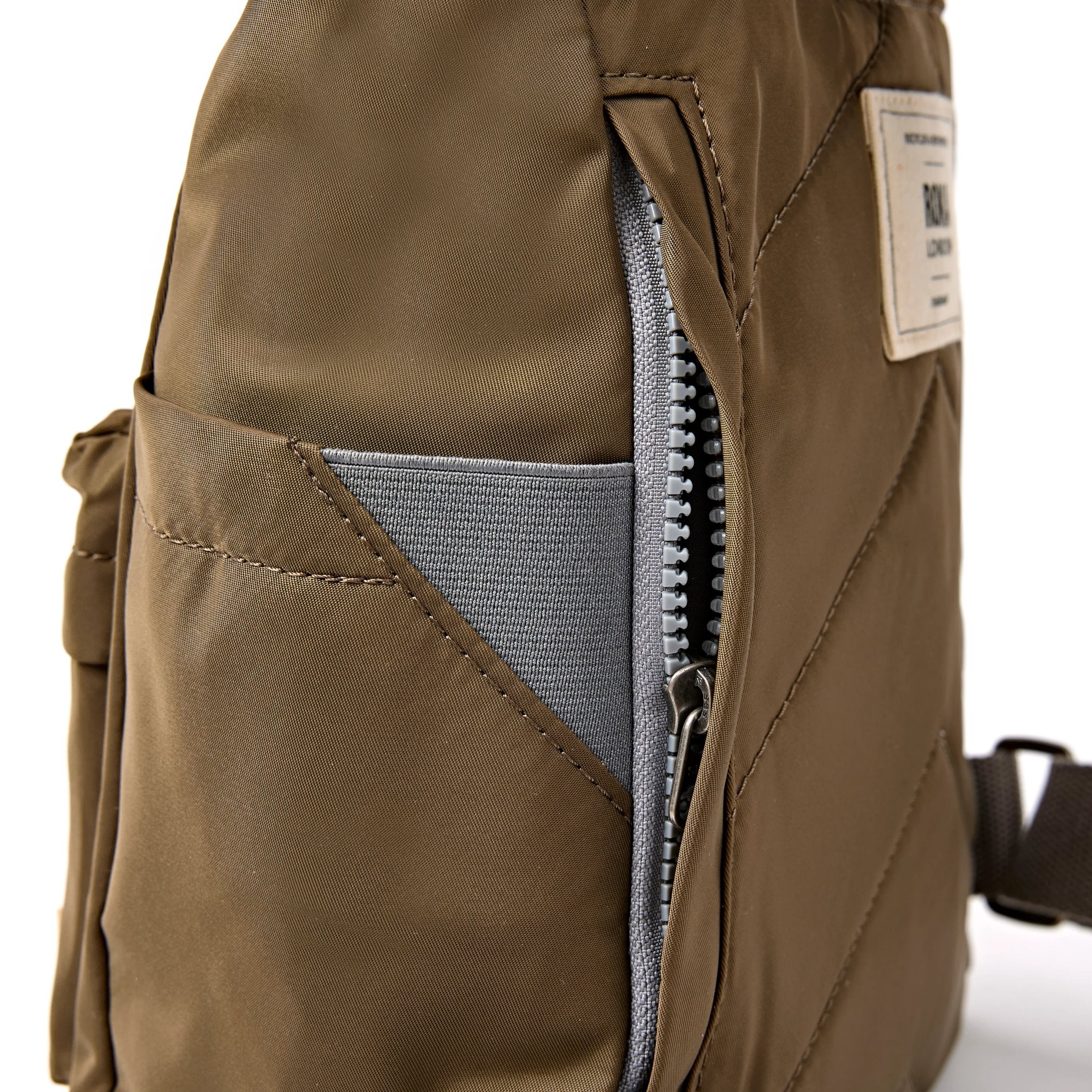 Roka Canfield Small Army Recycled Nylon Backpack, hardware detail.