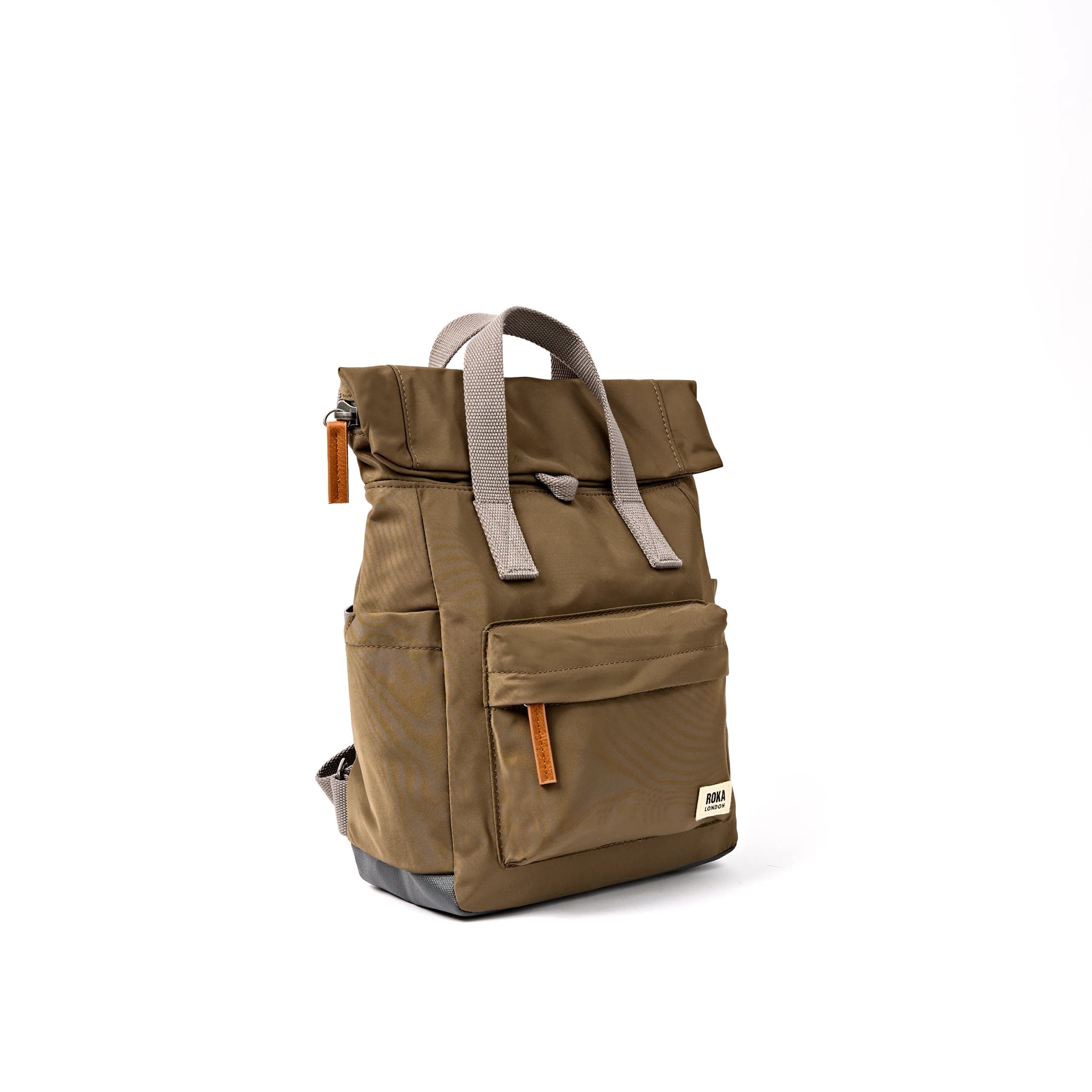 Roka Canfield Small Army Recycled Nylon Backpack, side view.