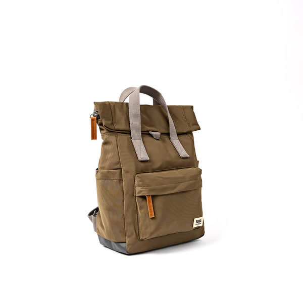 Roka Canfield Small Army Recycled Nylon Backpack, side view.