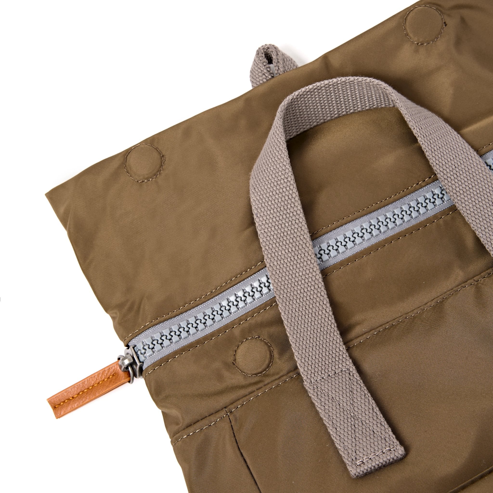 Roka Canfield Small Army Recycled Nylon Backpack, zip detail.
