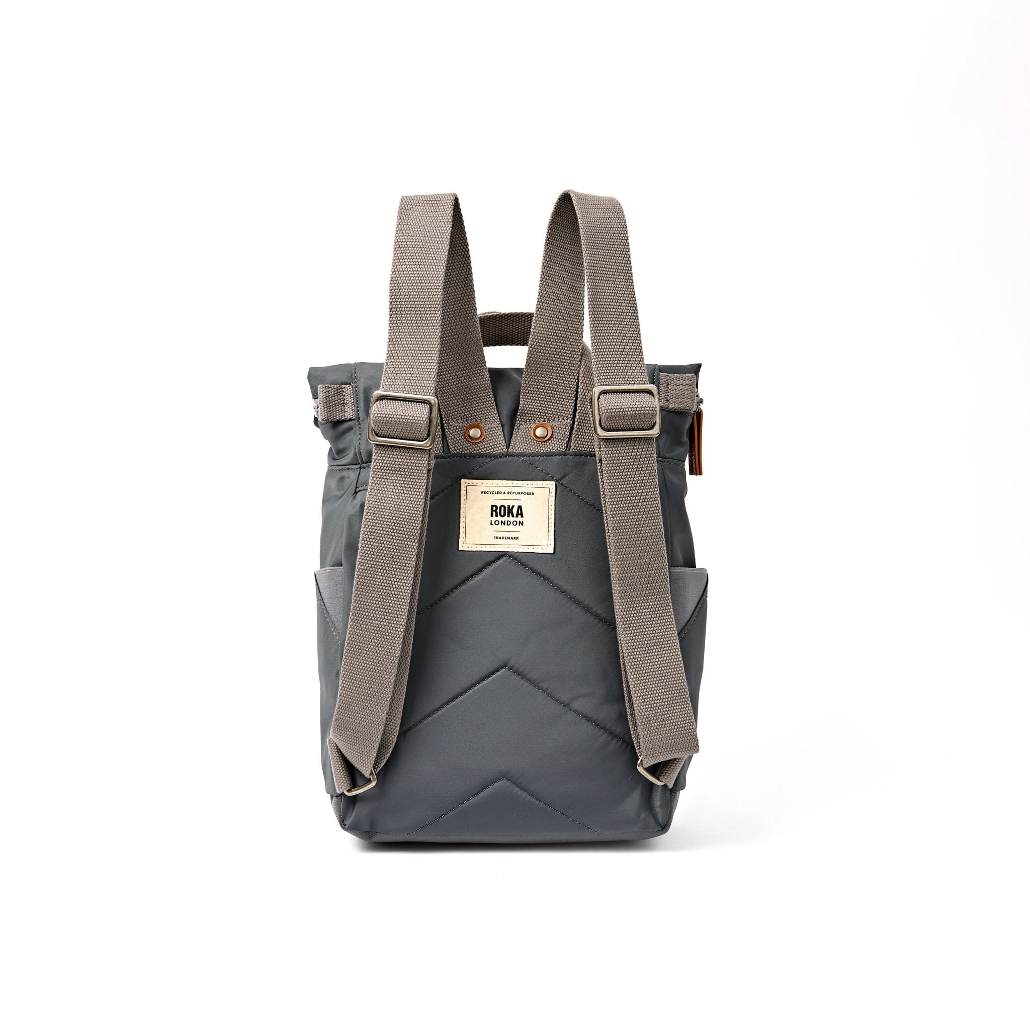 Roka Canfield Small Beluga Recycled Nylon Backpack, back view.