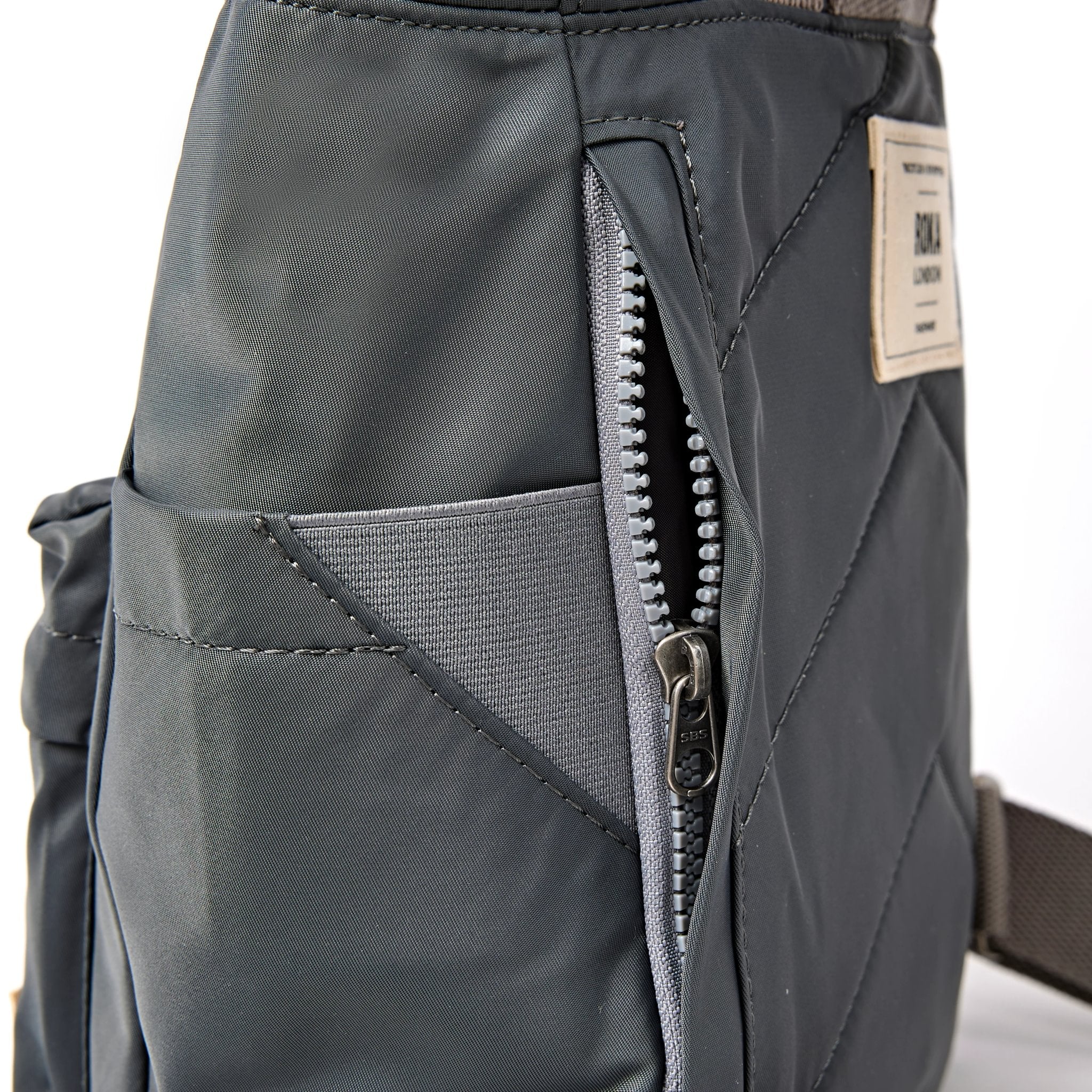 Roka Canfield Small Beluga Recycled Nylon Backpack, hardware detail.
