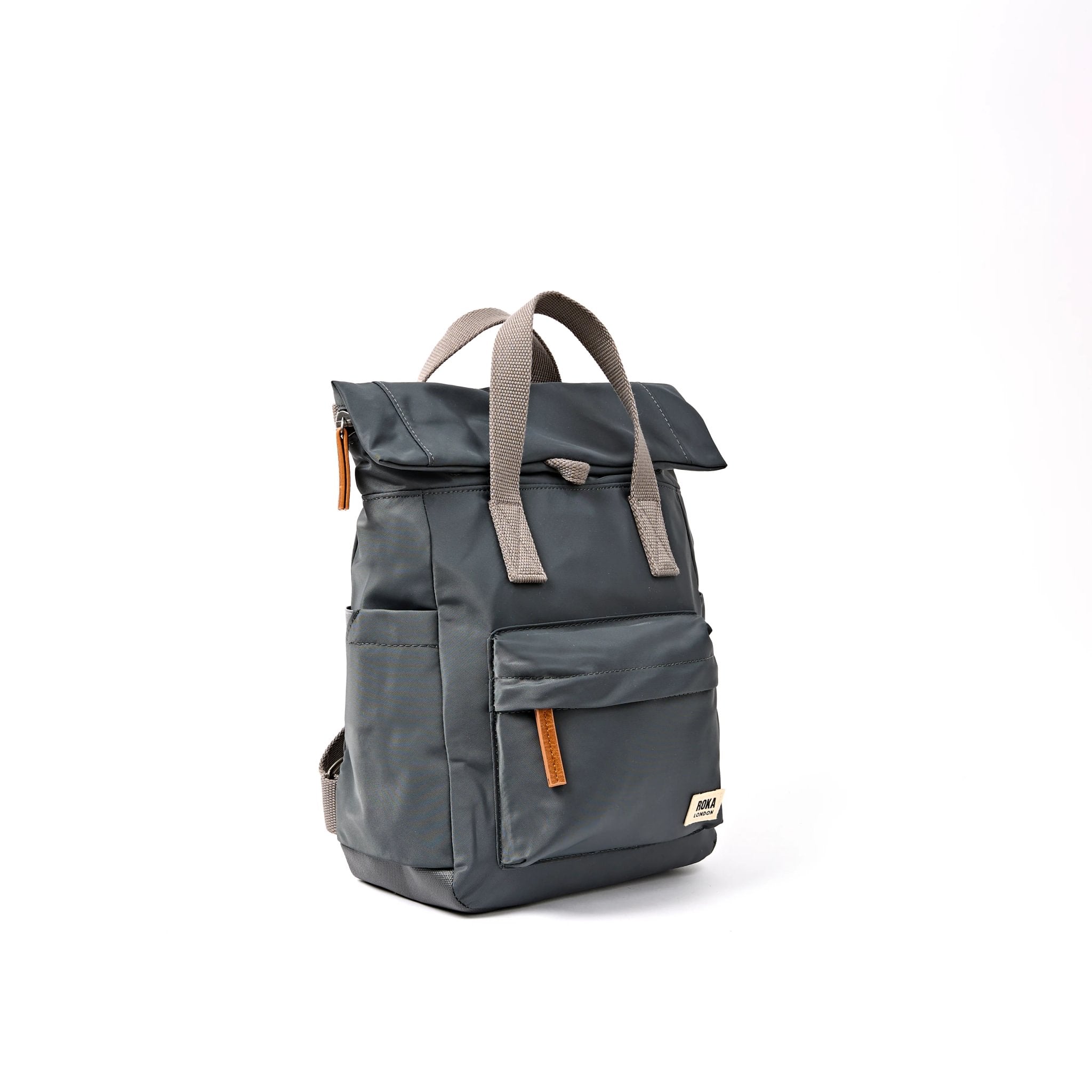 Roka Canfield Small Beluga Recycled Nylon Backpack, side view.