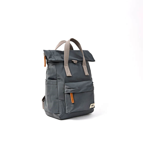 Roka Canfield Small Beluga Recycled Nylon Backpack, side view.