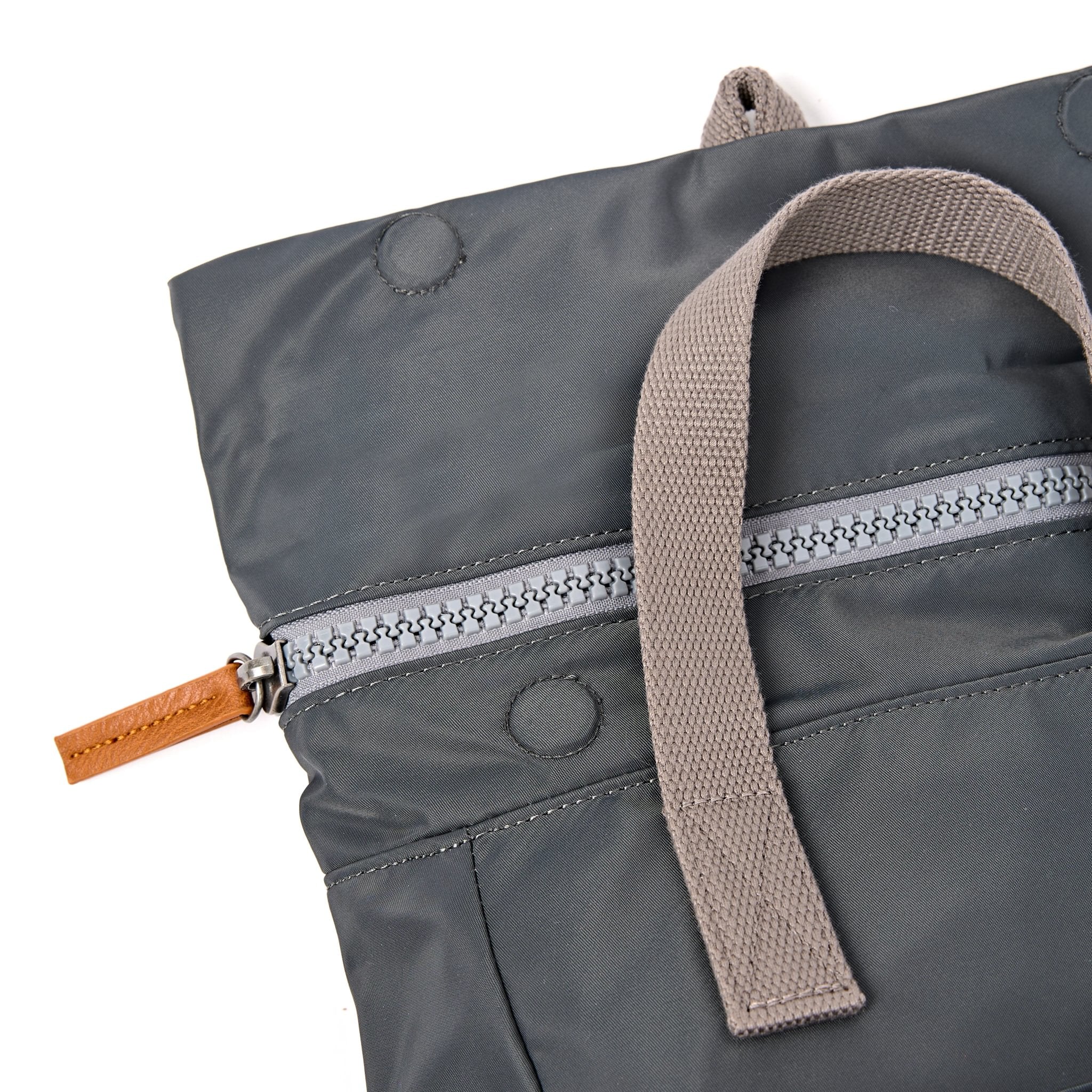 Roka Canfield Small Beluga Recycled Nylon Backpack, zip detail.
